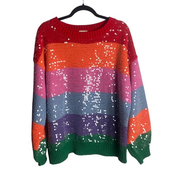 BiBi Size Xl Rainbow Sequin Sweater Stripes Chunky Oversized Colorful Crewneck - Picture 1 of 7